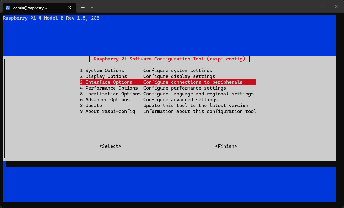 raspi-config の Interface Options を選択した画面