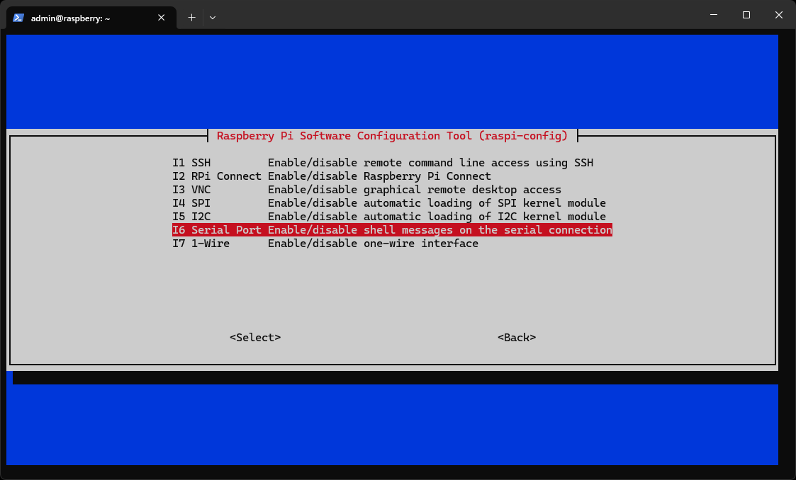 Interface Options で I6 Serial Port を選択した画面